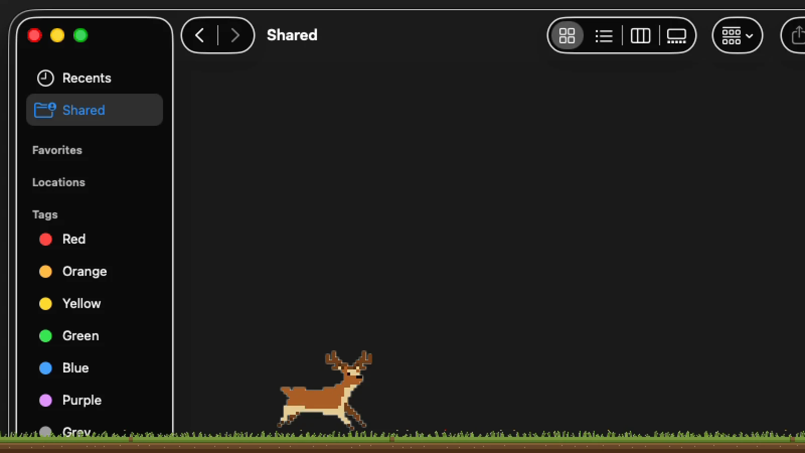Pixel-art pet and a deer grazing on a meadow at the bottom of the screen
